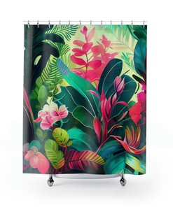 Exotic Shower Curtain with Tropical Flowers and Weeping Green Leaves