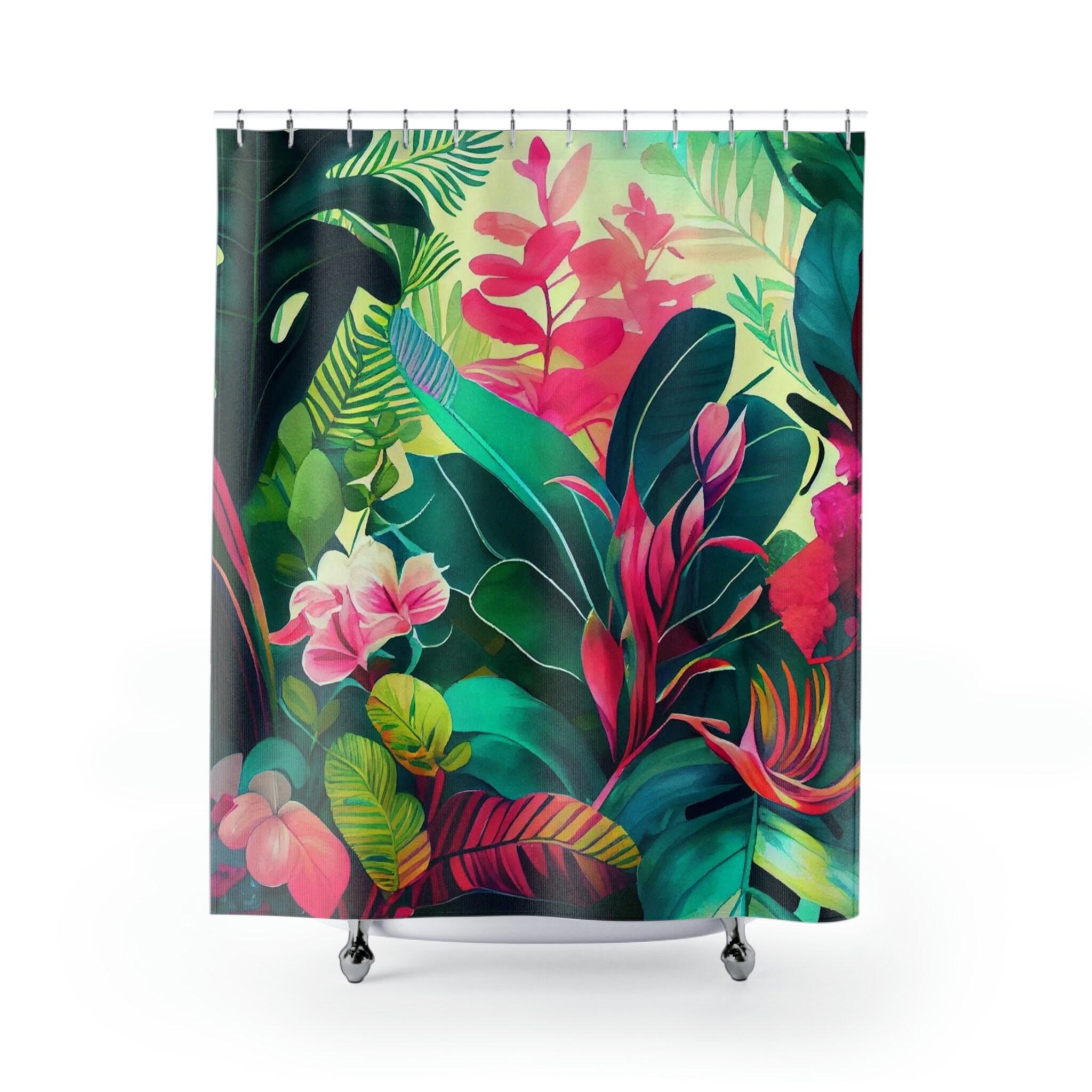 Exotic Shower Curtain with Tropical Flowers and Weeping Green Leaves