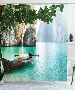 Exotic World Landscape Shore Shower Curtain: Tropical Bath Decorr