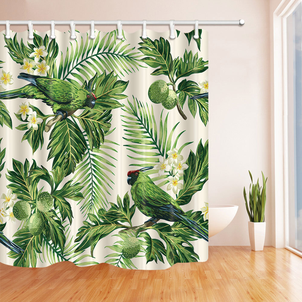 Exotic and Beautiful Parrot in Palm Tree Bathroom Shower Curtain Fabric for Colorful Bathroom Decor