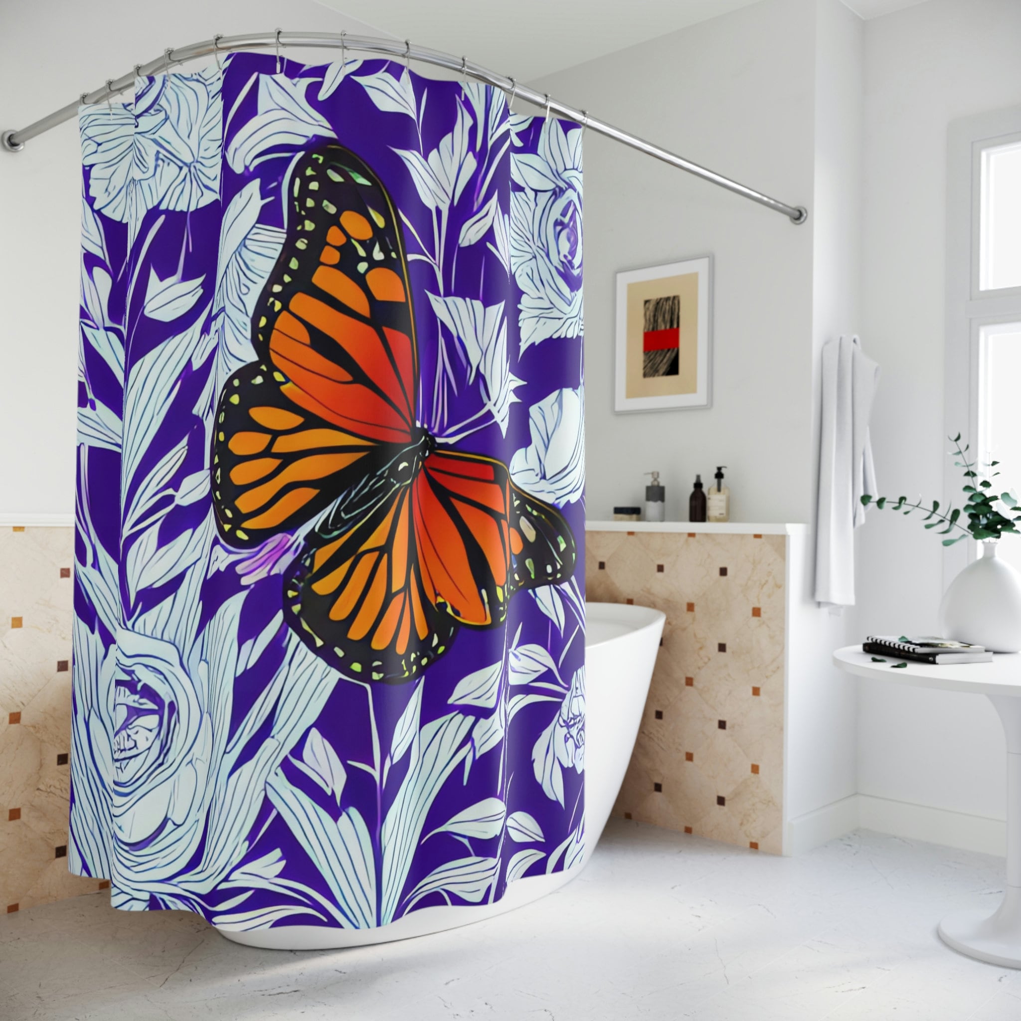 Experience Art with Monarch Butterfly Design Print Shower Curtain in Purple - Modern Bathroom Decor