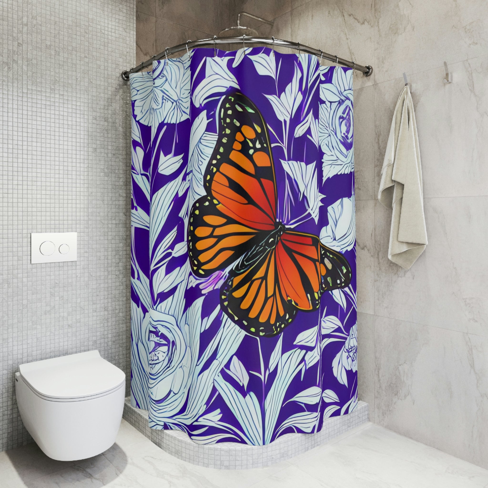 Experience Art with Monarch Butterfly Design Print Shower Curtain in Purple - Modern Bathroom Decor