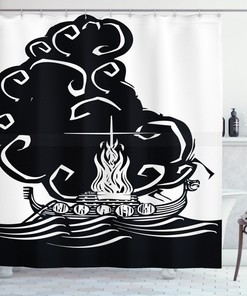 Explore The Mythical History With This Nordic Shower Curtain Featuring Viking Burning Boat Print