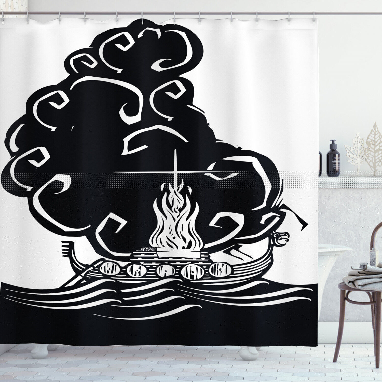 Explore The Mythical History With This Nordic Shower Curtain Featuring Viking Burning Boat Print