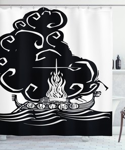 Explore The Mythical History With This Nordic Shower Curtain Featuring Viking Burning Boat Print