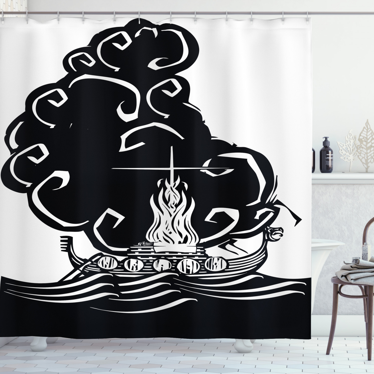 Explore The Mythical History With This Nordic Shower Curtain Featuring Viking Burning Boat Print