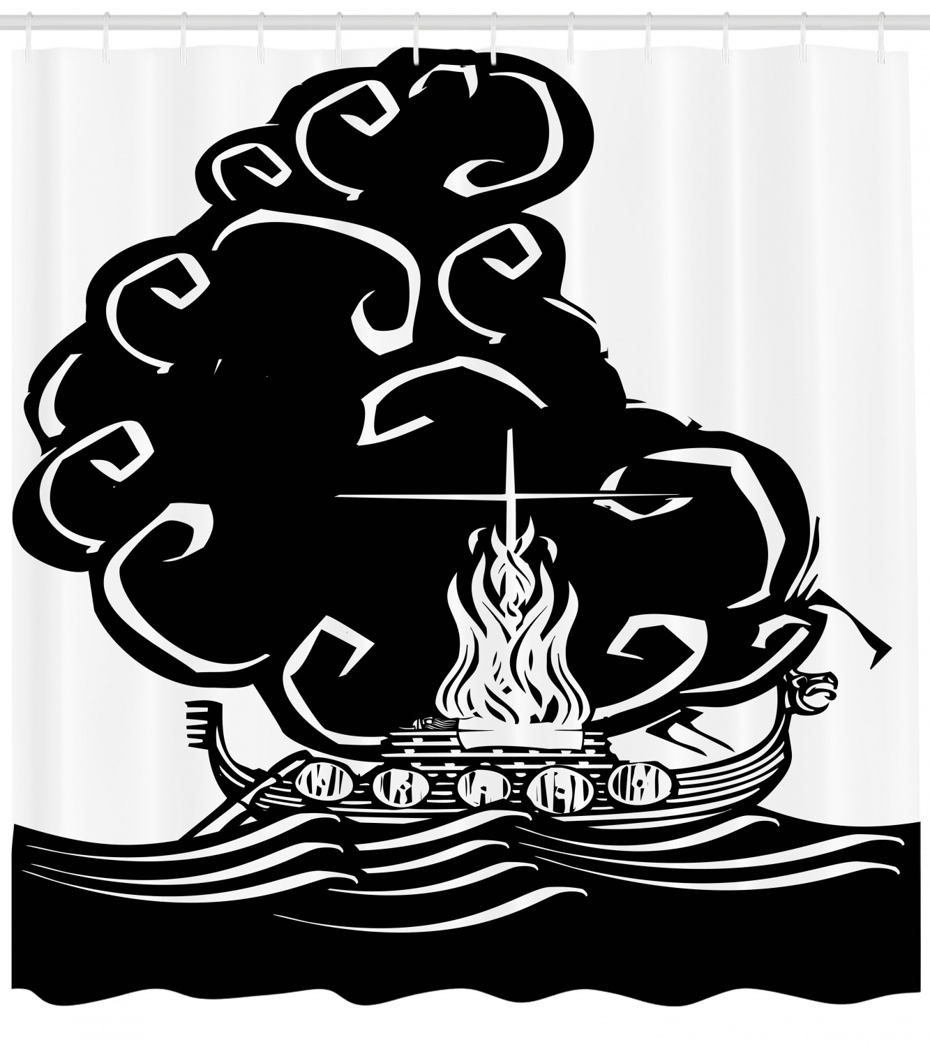 Explore The Mythical History With This Nordic Shower Curtain Featuring Viking Burning Boat Print