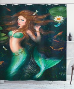 Exquisite Mermaid in Lake with Lilies and Fish Dragonfly Watercolor Art Shower Curtain 