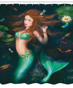 Exquisite Mermaid in Lake with Lilies and Fish Dragonfly Watercolor Art Shower Curtain