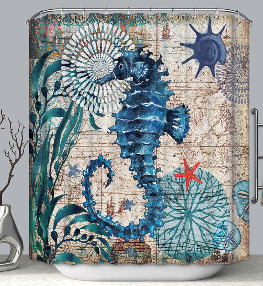 Exquisite Nautical Shells Design Seahorse Shower Curtain for Beach Lovers' Bathroom Decor