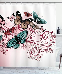 Extra, Blush Raspberry Monarch Butterflies Vintage Damask Inspired Design Shower Curtain