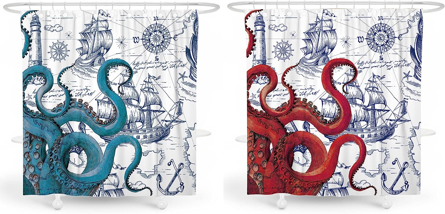 Eye-Catching Nautical Octopus Shower Curtain For Your Bathroom