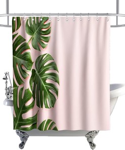 Eye-Catching and Playful Green and Pink Banana Leaves Shower Curtain with Tropical Plants for Kids Bathroom Decor.