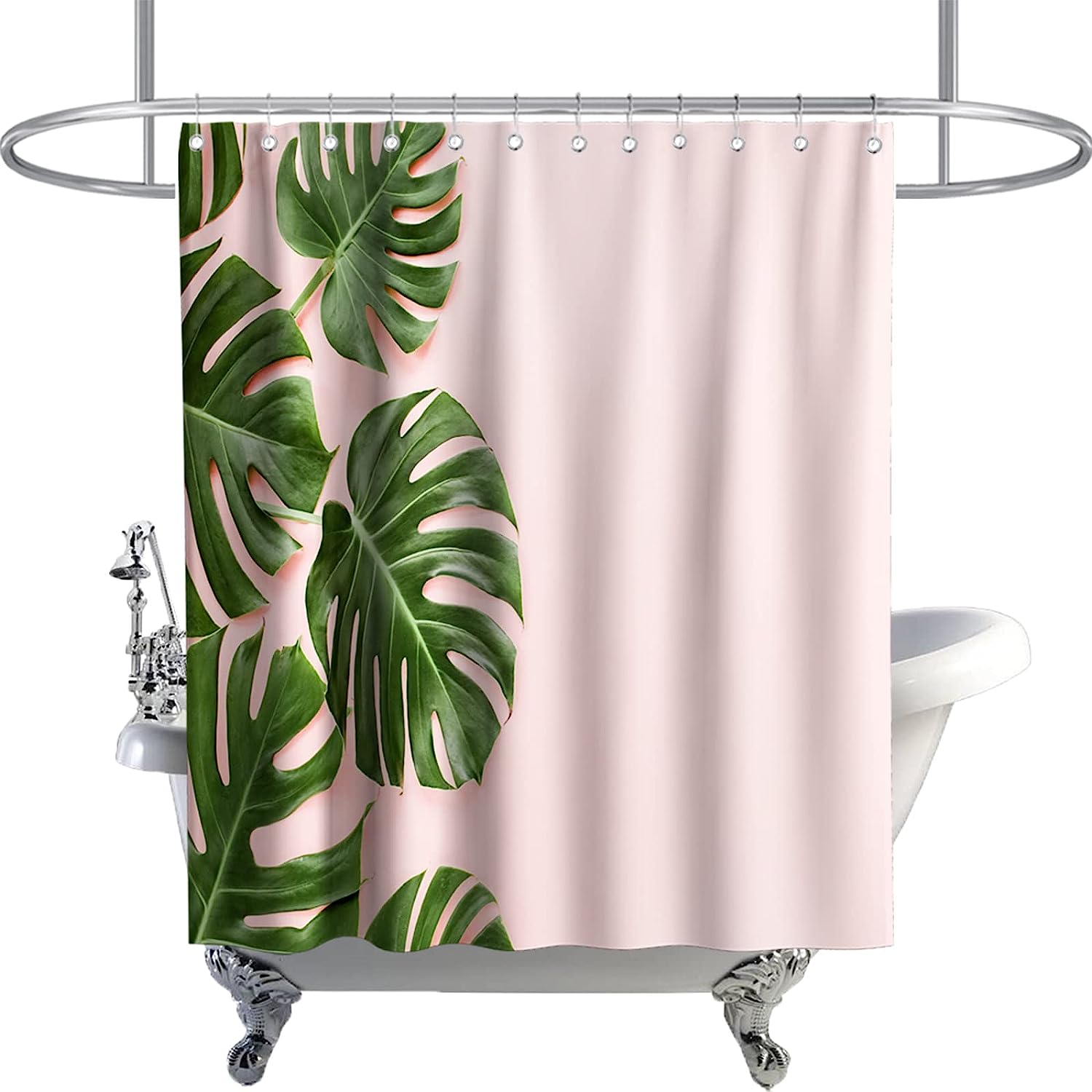 Eye-Catching and Playful Green and Pink Banana Leaves Shower Curtain with Tropical Plants for Kids Bathroom Decor.