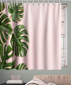 Eye-Catching and Playful Green and Pink Banana Leaves Shower Curtain with Tropical Plants for Kids Bathroom Decor.