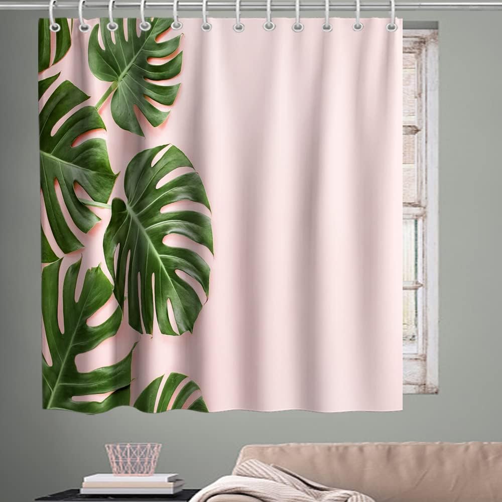 Eye-Catching and Playful Green and Pink Banana Leaves Shower Curtain with Tropical Plants for Kids Bathroom Decor.