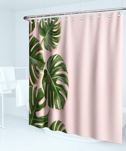Eye-Catching and Playful Green and Pink Banana Leaves Shower Curtain with Tropical Plants for Kids Bathroom Decor.