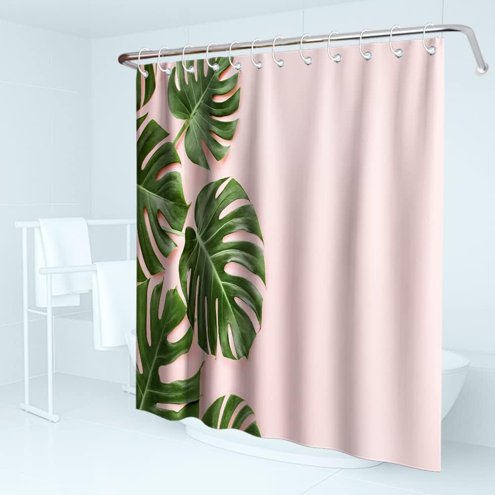 Eye-Catching and Playful Green and Pink Banana Leaves Shower Curtain with Tropical Plants for Kids Bathroom Decor.