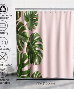 Eye-Catching and Playful Green and Pink Banana Leaves Shower Curtain with Tropical Plants for Kids Bathroom Decor.