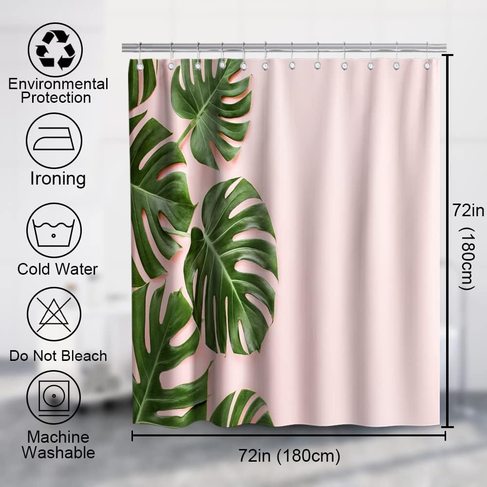 Eye-Catching and Playful Green and Pink Banana Leaves Shower Curtain with Tropical Plants for Kids Bathroom Decor.