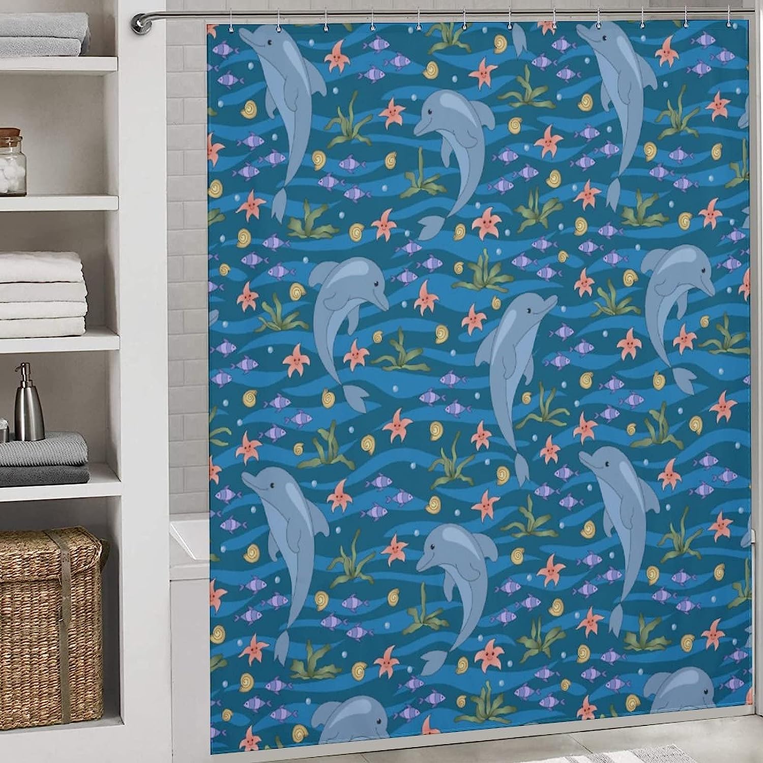 Fabric Bath Curtains For Hotel With Funny Dolphins Shower Curtain
