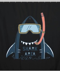 Fabric Bath Curtains With Funny Shark Diver Print, Perfect For Hotels And Home Bathrooms