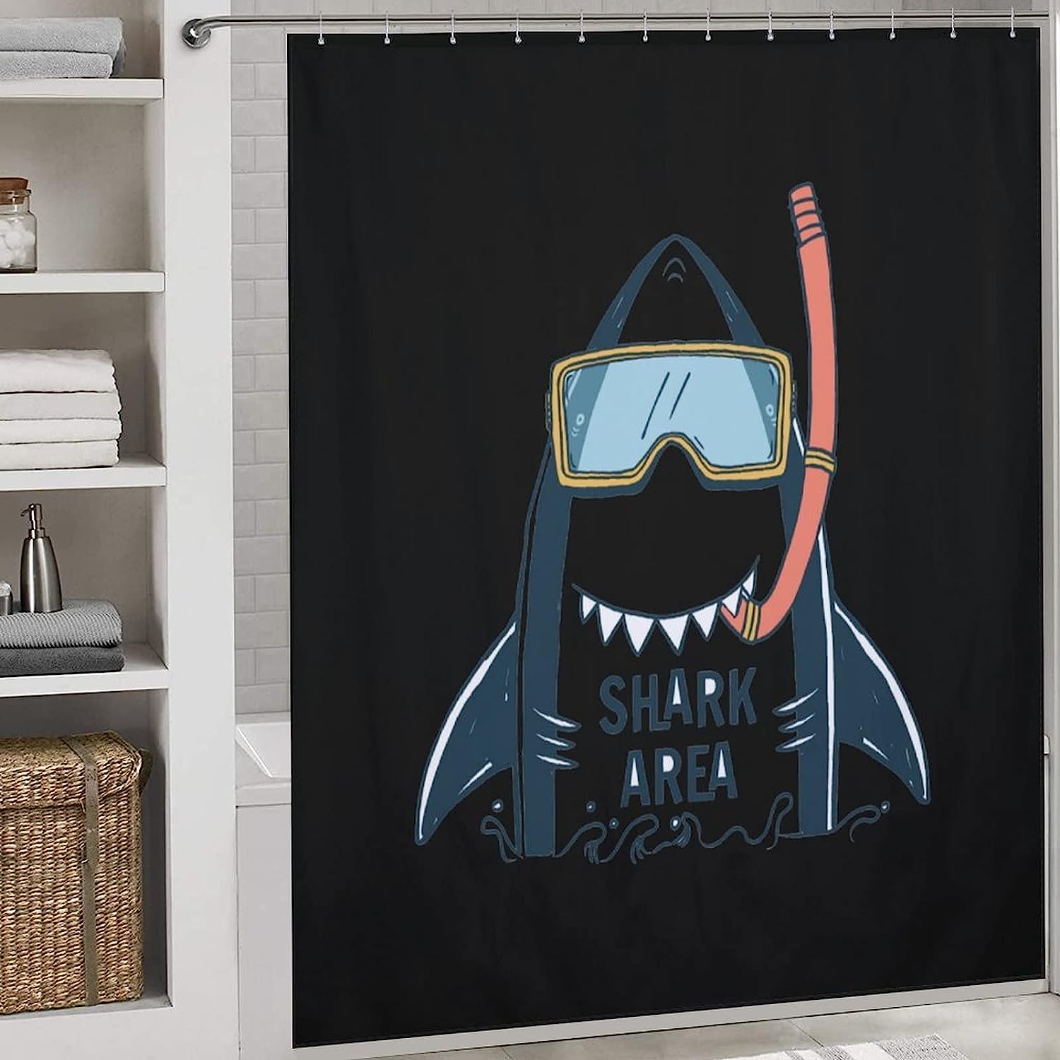 Fabric Bath Curtains With Funny Shark Diver Print, Perfect For Hotels And Home Bathrooms