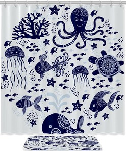 Fabric Bathroom Curtain, Blue Octopus Shower Curtain, Waterproof For Bathroom Decor