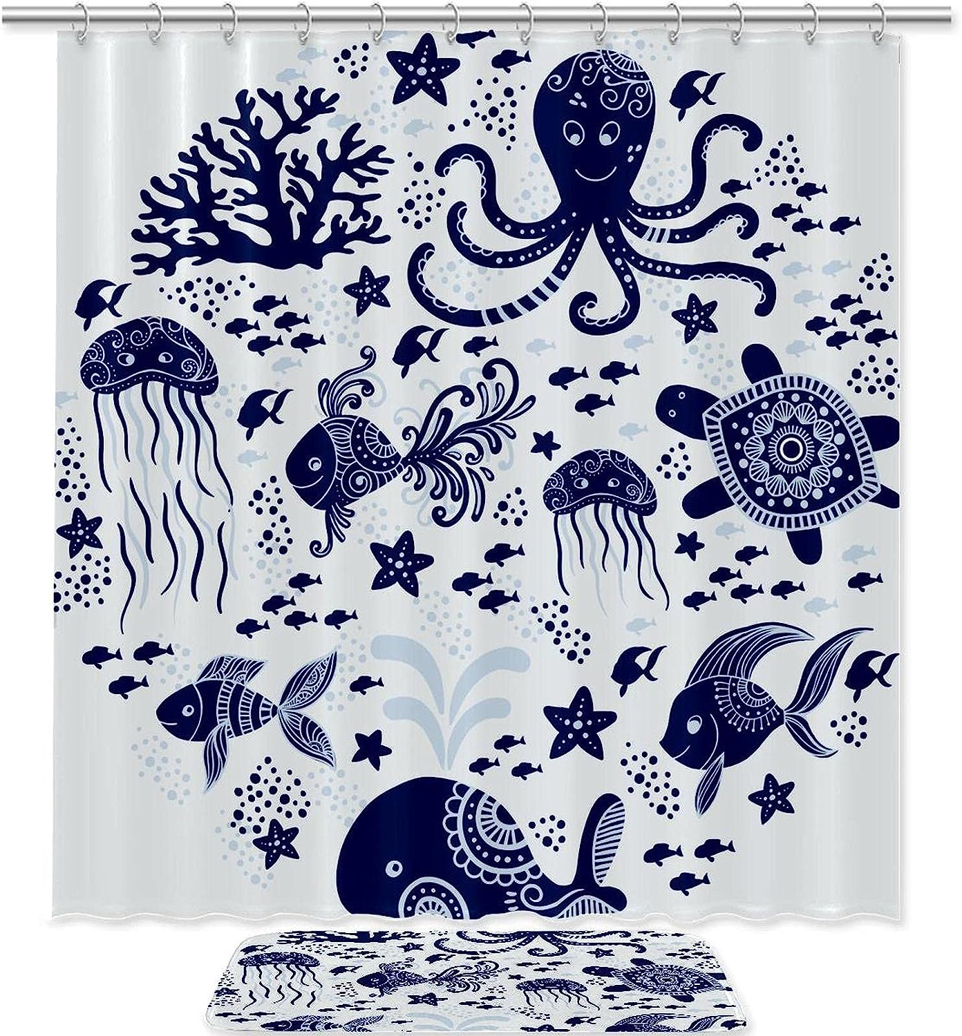 Fabric Bathroom Curtain, Blue Octopus Shower Curtain, Waterproof For Bathroom Decor