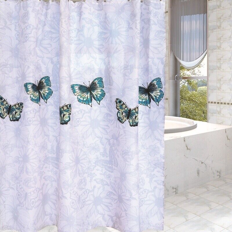Fabric Butterfly Print Shower Curtain For Mould Proof Bathroom