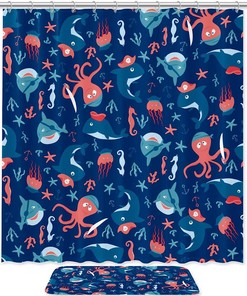 Fabric Machine Washable Shower Curtain Set with Ocean Theme - Octopus Blue Dolphin Shark for Bathroom