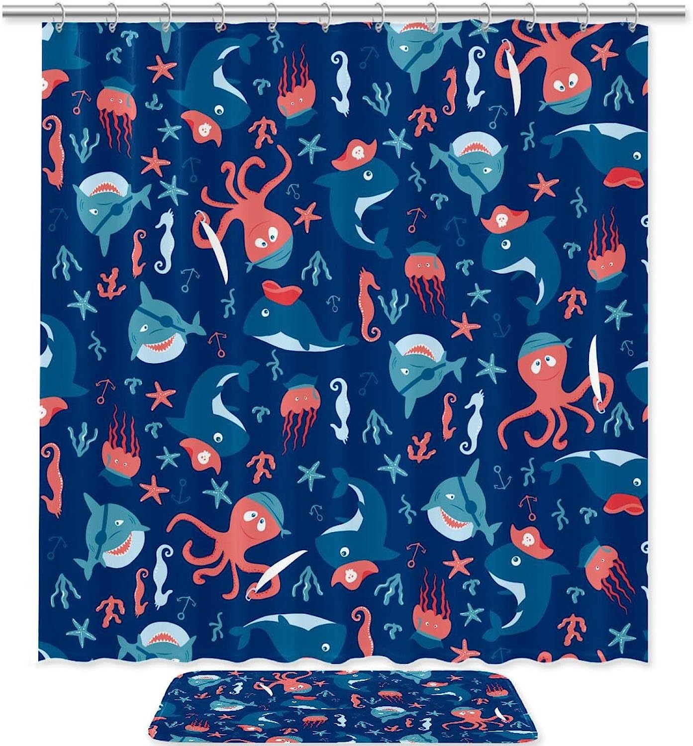 Fabric Machine Washable Shower Curtain Set with Ocean Theme - Octopus Blue Dolphin Shark for Bathroom