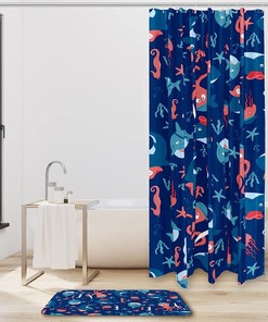 Fabric Machine Washable Shower Curtain Set with Ocean Theme - Octopus Blue Dolphin Shark for Bathroom