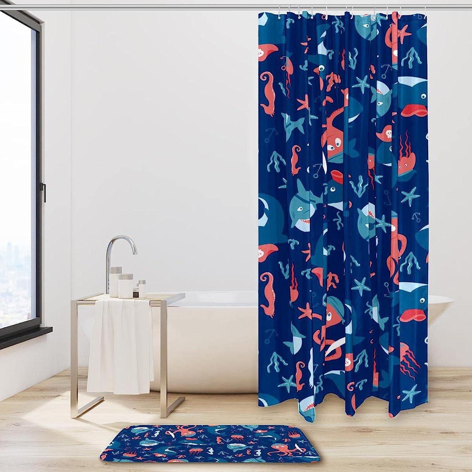 Fabric Machine Washable Shower Curtain Set with Ocean Theme - Octopus Blue Dolphin Shark for Bathroom