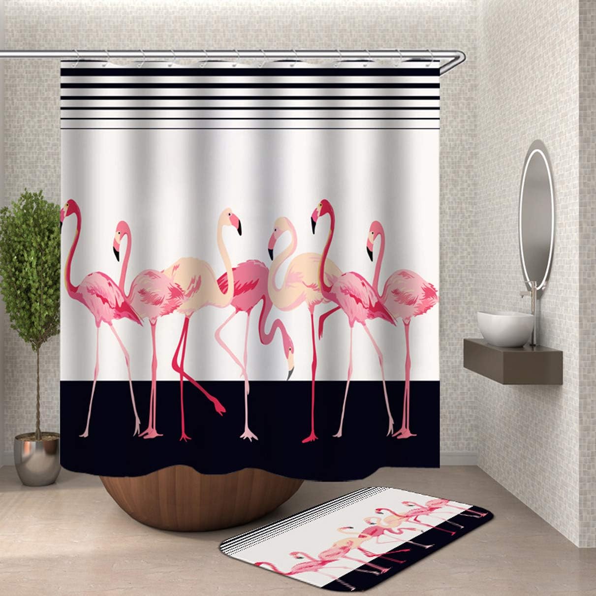 Fabric Pink Flamingo Vintage Bathroom Shower Curtains Printed for Showers and Bathtubs