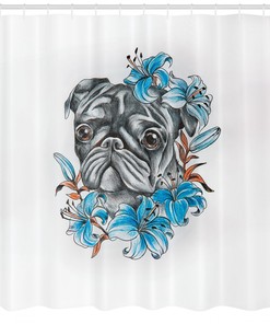 Fabric Pug Dog Shower Curtain, Adorable Bathroom Decoration