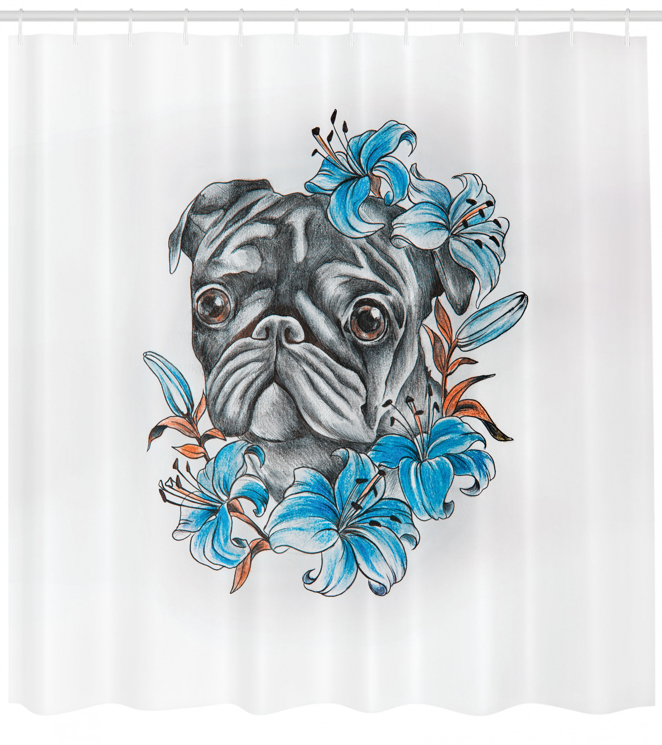 Fabric Pug Dog Shower Curtain, Adorable Bathroom Decoration