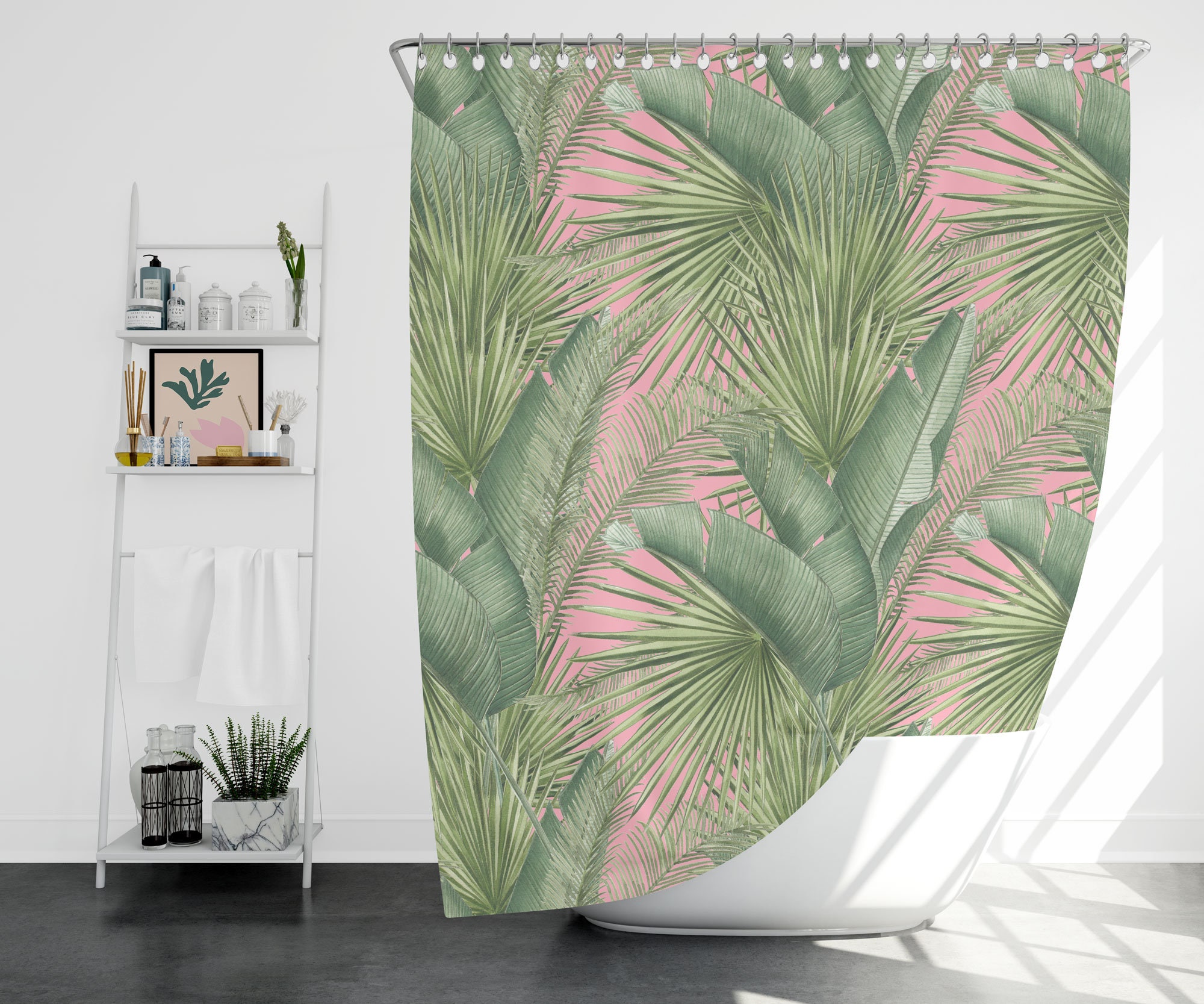 Fabric Shower Curtain With Botanical Palm Leaf Jungle Design - Relaxing And Refreshing Addition To Your Bathroom