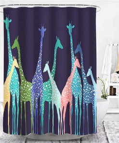 Fabric Shower Curtain With Colorful Giraffes, Animal Fauna Wildlife Forest Design, Perfect For Kids Bathroom
