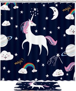 Fabric Shower Curtain With Elegant Unicorn Design And Liner