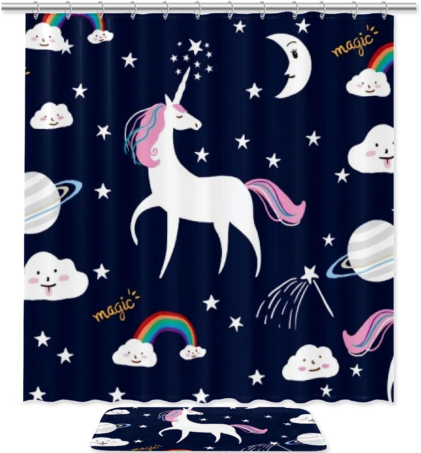 Fabric Shower Curtain With Elegant Unicorn Design And Liner