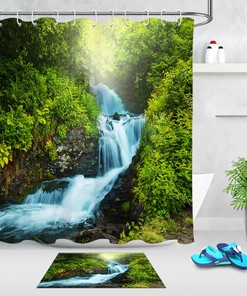 Fabric Shower Curtain With Green Jungle Stream Waterfall Landscape Design