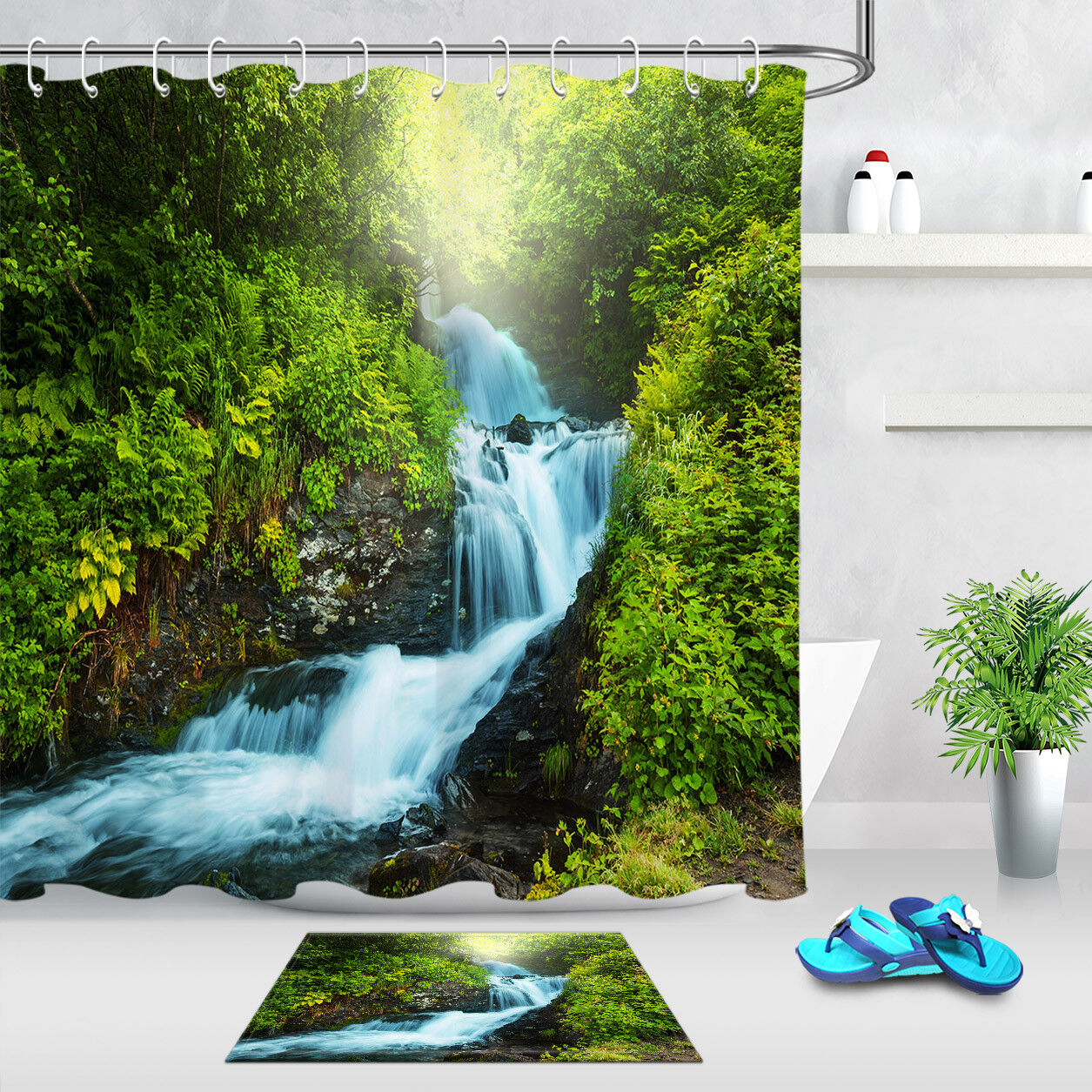 Fabric Shower Curtain With Green Jungle Stream Waterfall Landscape Design