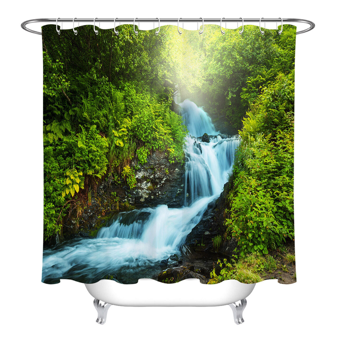 Fabric Shower Curtain With Green Jungle Stream Waterfall Landscape Design - Image 2