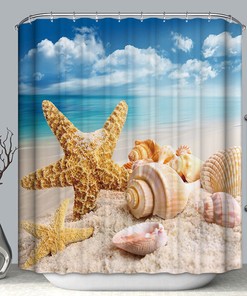 Fabric Shower Curtain with Hooks - Beach Shells Sand and Starfish Seashells 