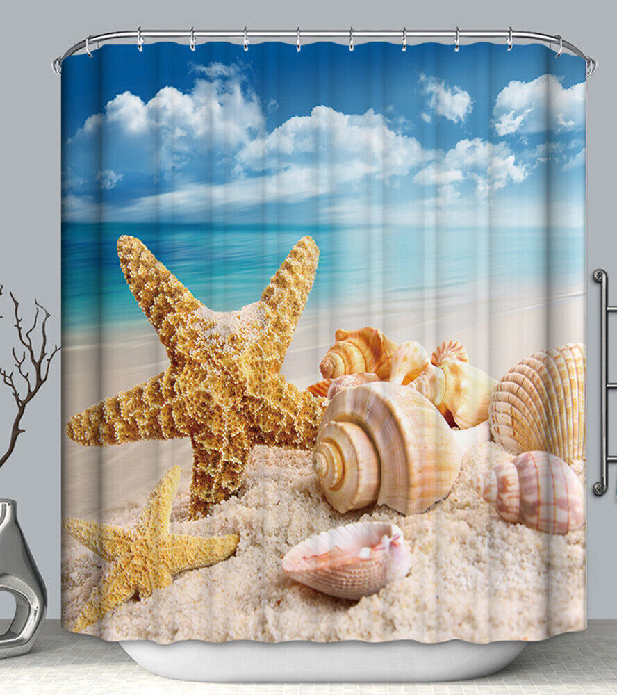 Fabric Shower Curtain with Hooks - Beach Shells Sand and Starfish Seashells