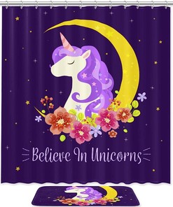 Fabric Shower Curtain with Magic Unicorn Wonderland Print Design - For Dreamy and Whimsical Bathroom Decor.