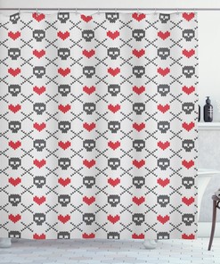 Fabric Stitch Work Knitted Pattern Shower Curtain With Skulls & Hearts