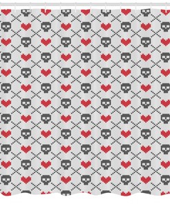 Fabric Stitch Work Knitted Pattern Shower Curtain With Skulls & Hearts