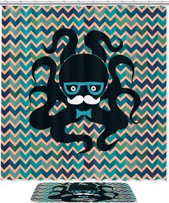 Fabric Washable Shower Curtain For Bathroom With Hipster Octopus Design - Printed Shower Curtains - Curtain Full Size